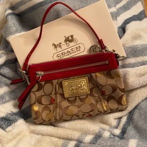 Coach poppy red and brown clutch
